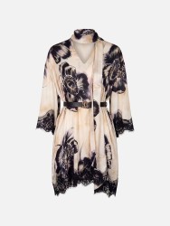 Vestido estampado com detalhe em renda e cinto