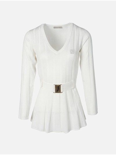 Ribbed-effect knitted sweater with belt