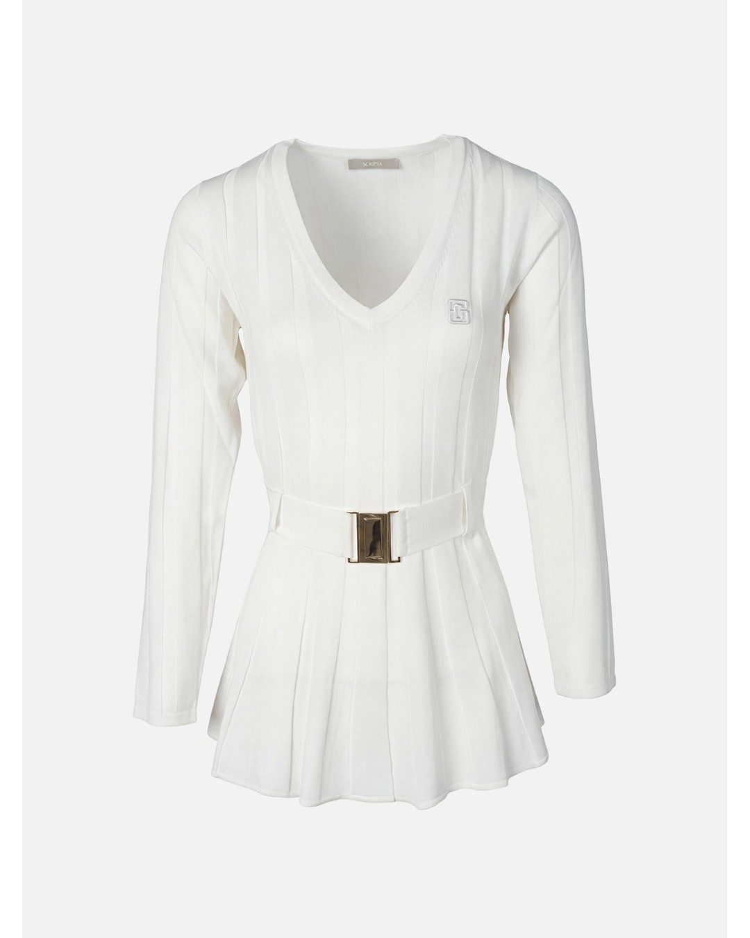 Ribbed-effect knitted sweater with belt