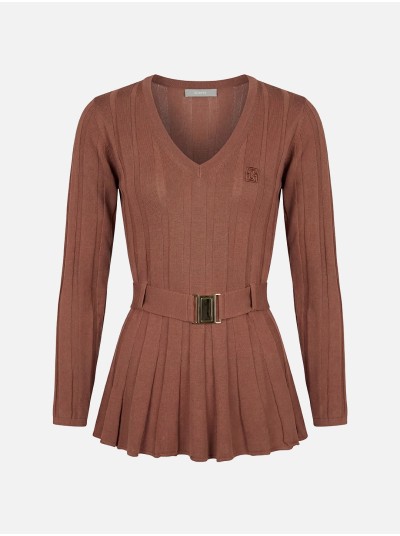 Ribbed-effect knitted sweater with belt