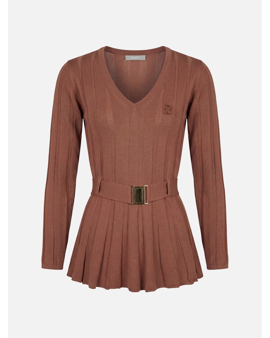 Ribbed-effect knitted sweater with belt