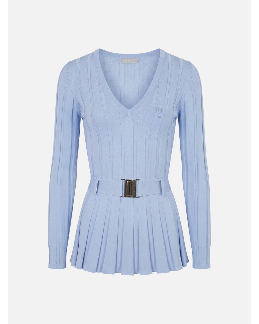 Ribbed-effect knitted sweater with belt