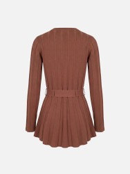 Ribbed-effect knitted coat with belt