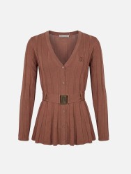 Ribbed-effect knitted coat with belt