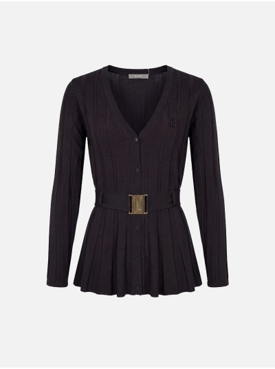 Ribbed-effect knitted coat with belt