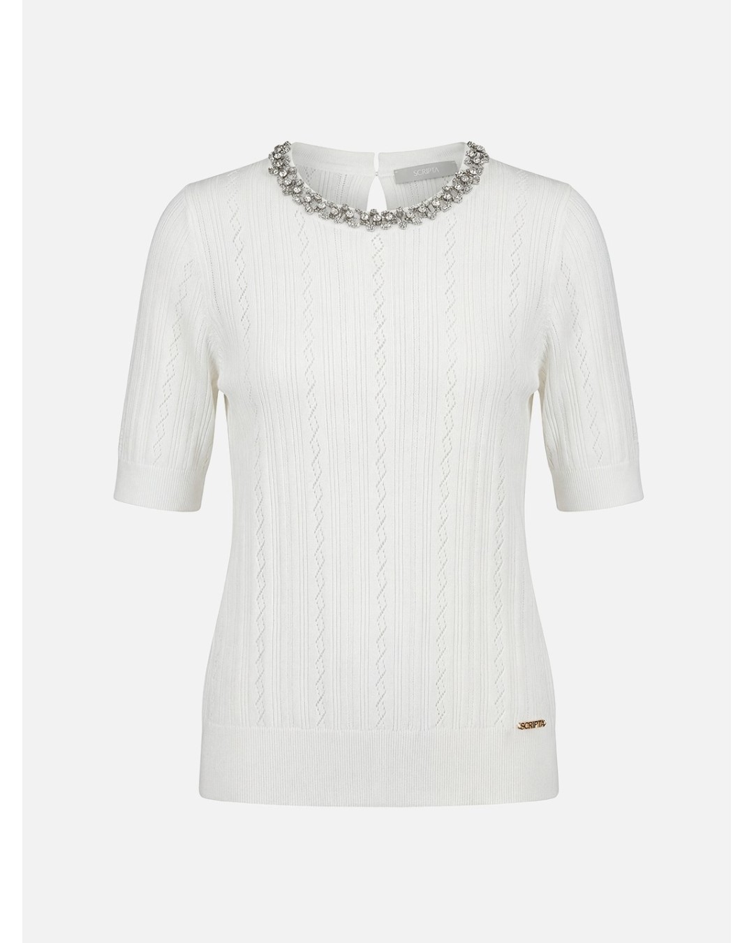 Camisola de malha perfurada com missangas na gola