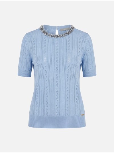 Perforated knitted sweater with beads on the neckl