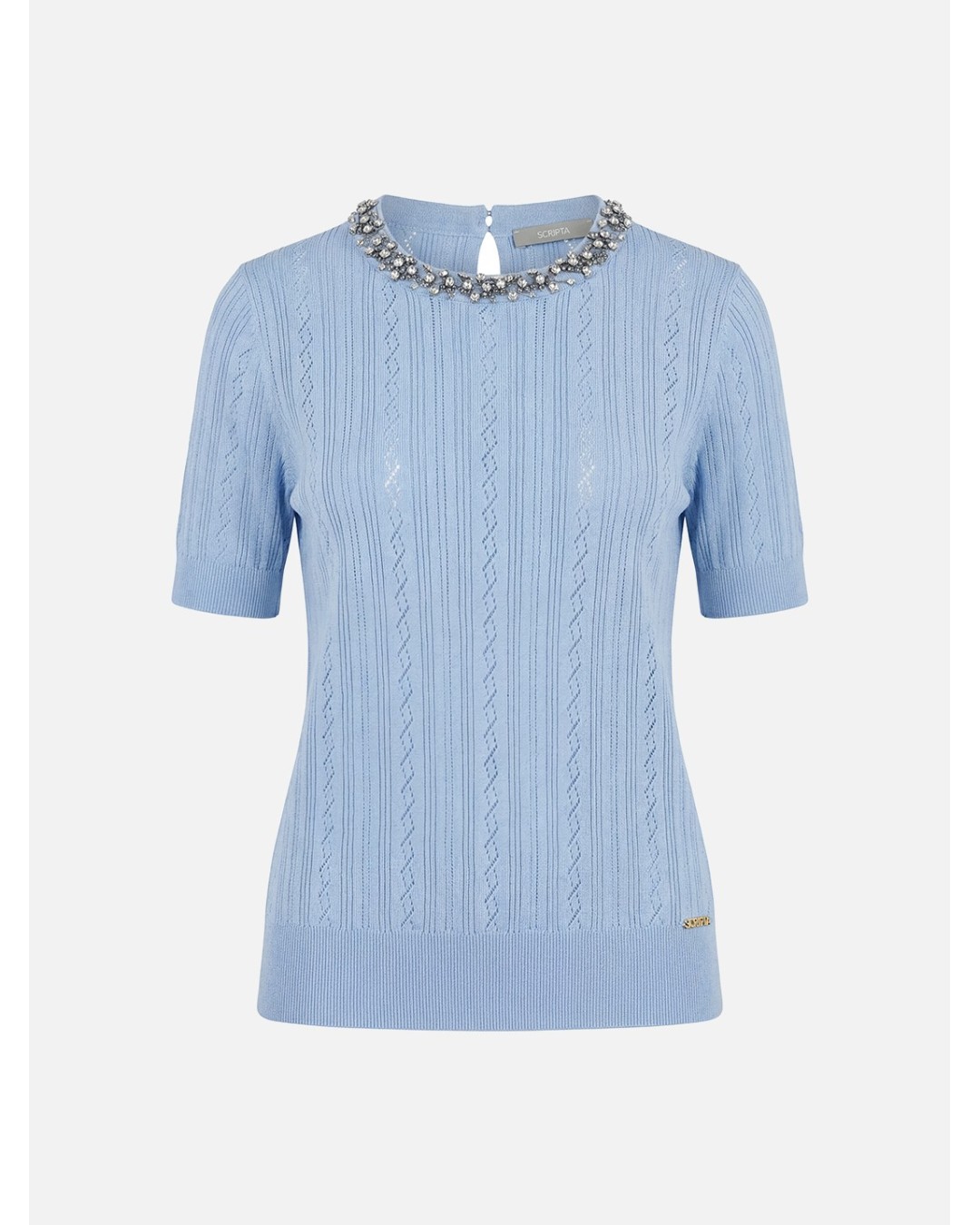 Perforated knitted sweater with beads on the neckl