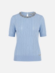 Perforated knitted sweater with beads on the neckl
