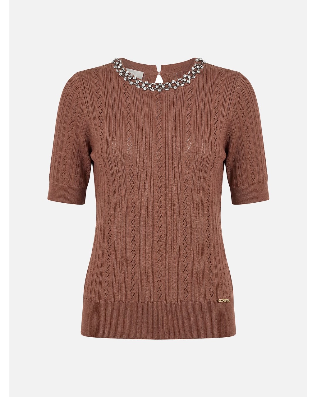 Perforated knitted sweater with beads on the neckl