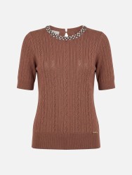 Camisola de malha perfurada com missangas na gola