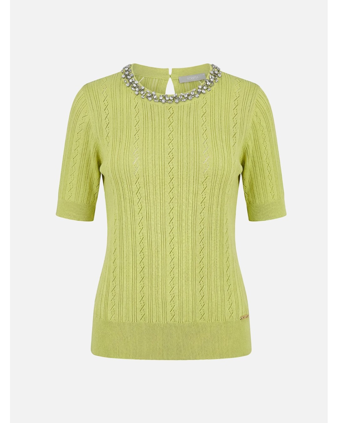 Perforated knitted sweater with beads on the neckl