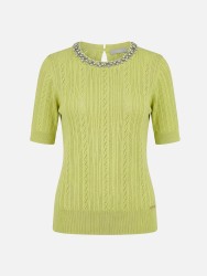 Perforated knitted sweater with beads on the neckl