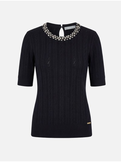Perforated knitted sweater with beads on the neckl