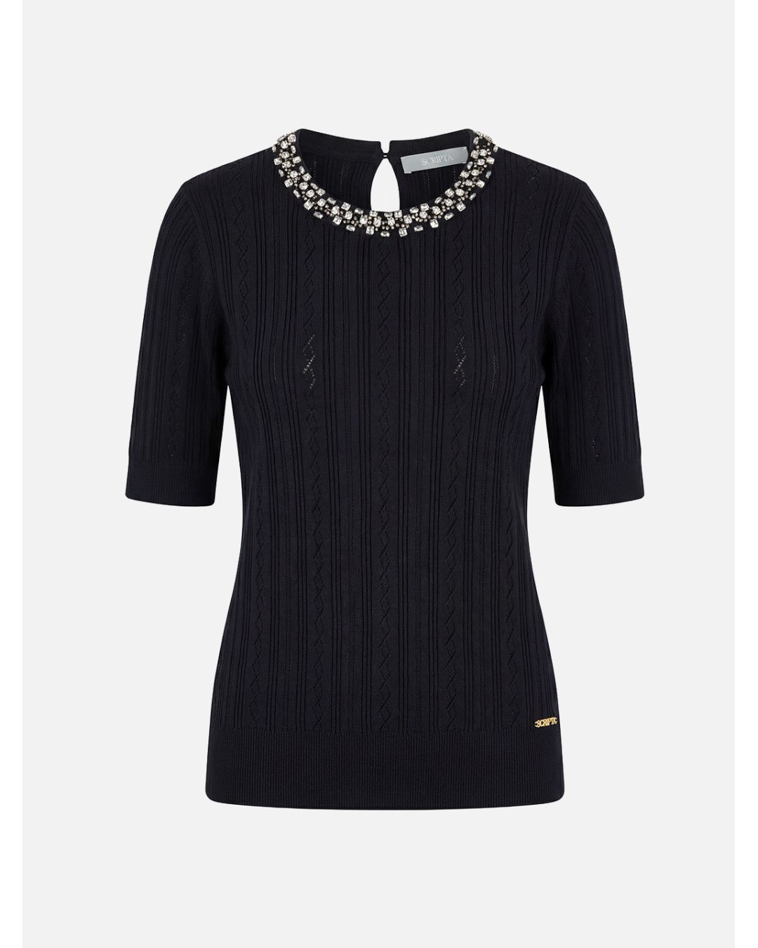 Perforated knitted sweater with beads on the neckl