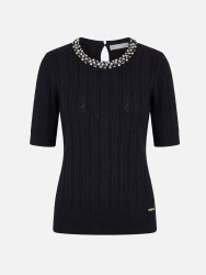 Perforated knitted sweater with beads on the neckl