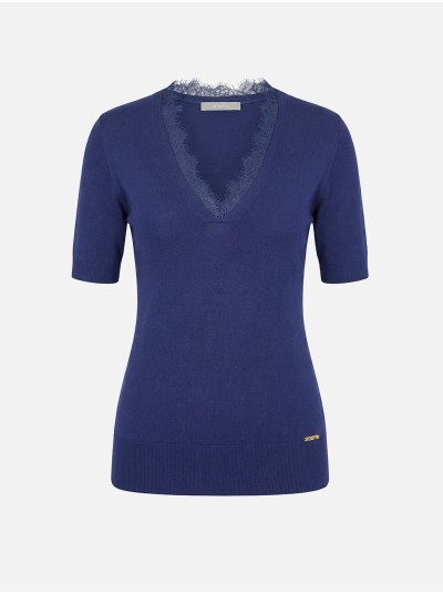 Knitted sweater with lace neckline