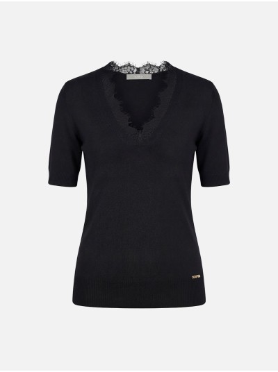 Knitted sweater with lace neckline