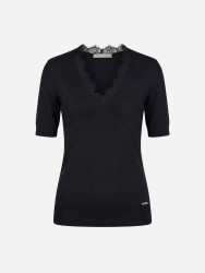 Knitted sweater with lace neckline