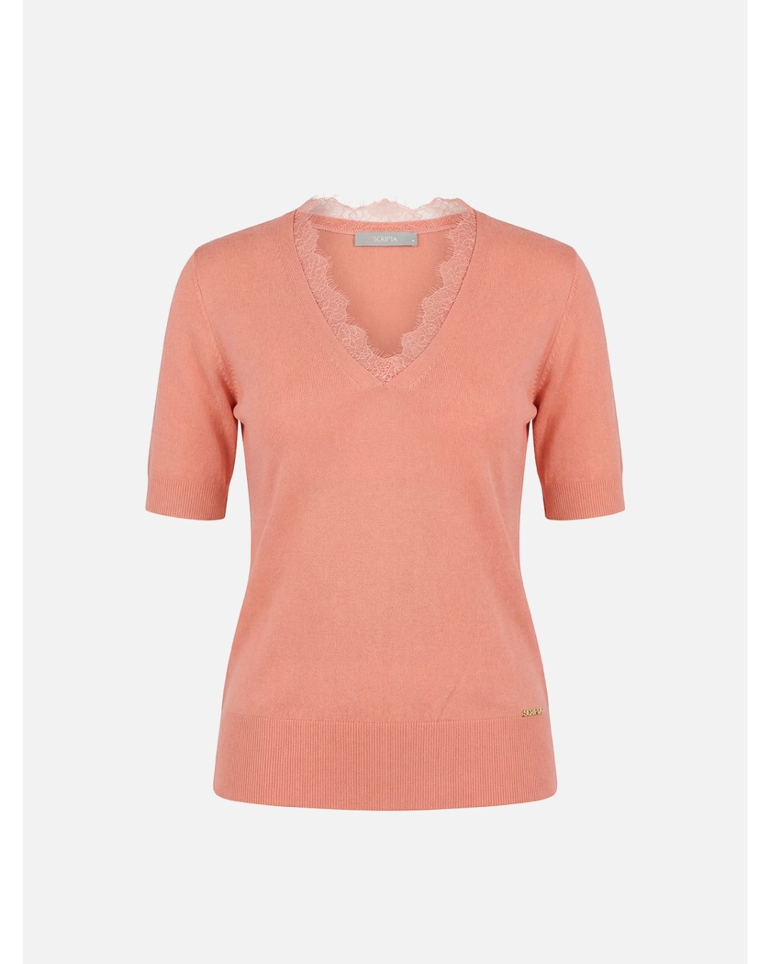 Knitted sweater with lace neckline