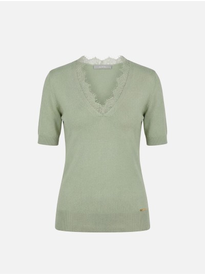 Knitted sweater with lace neckline