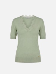 Knitted sweater with lace neckline
