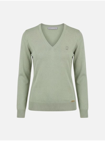 Plain V-neck knitted sweater with logo