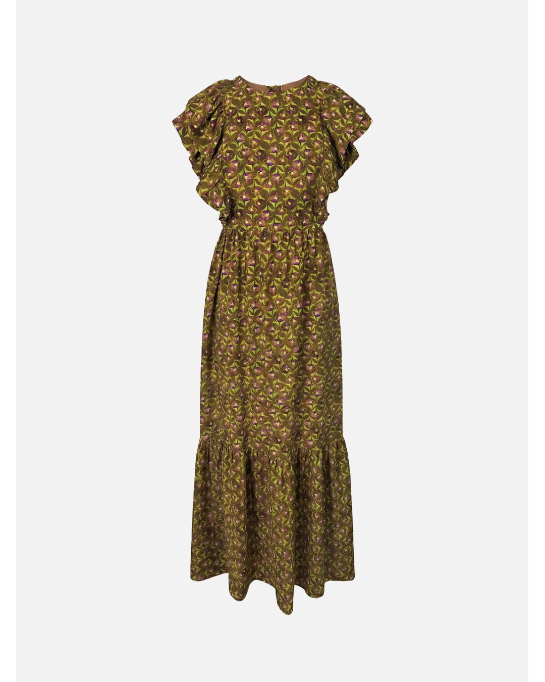 Long printed dress with ruffle sleeves