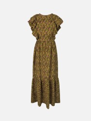 Vestido comprido estampado com mangas em folho