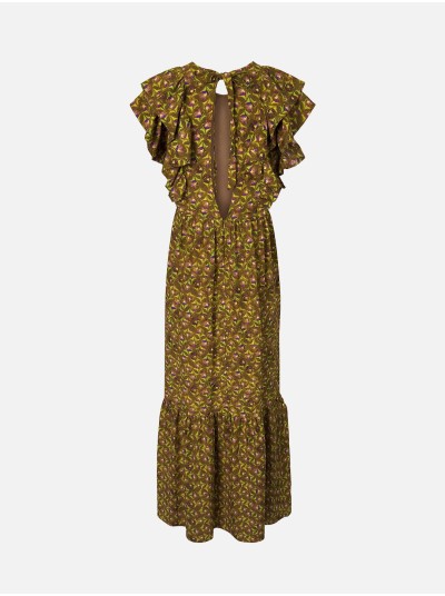 Vestido comprido estampado com mangas em folho
