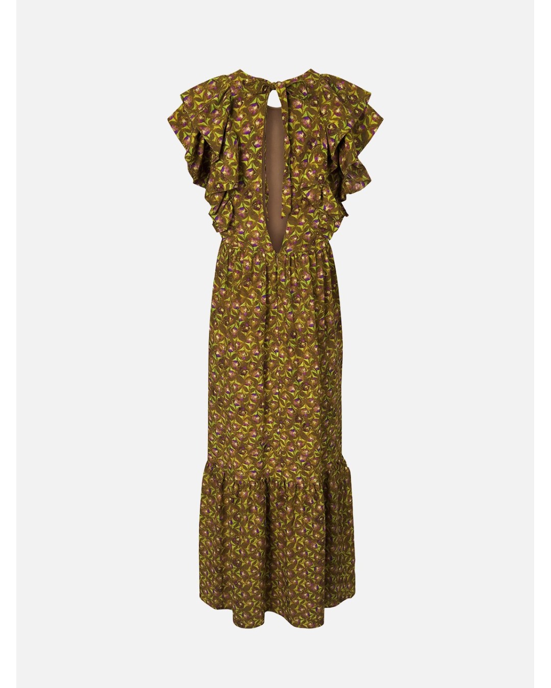 Vestido comprido estampado com mangas em folho