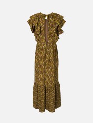 Vestido comprido estampado com mangas em folho