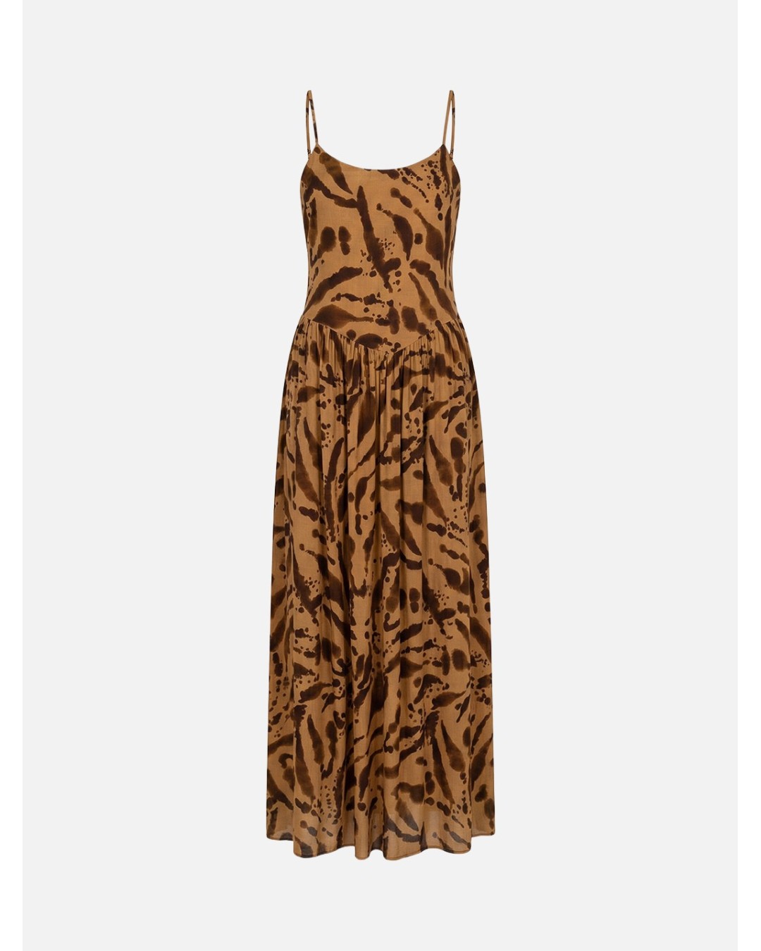 Long printed dress with gathers and V-neck