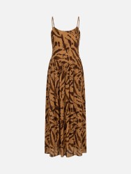 Long printed dress with gathers and V-neck