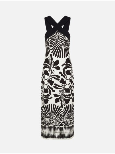 Vestido estampado em malha com rachas laterais