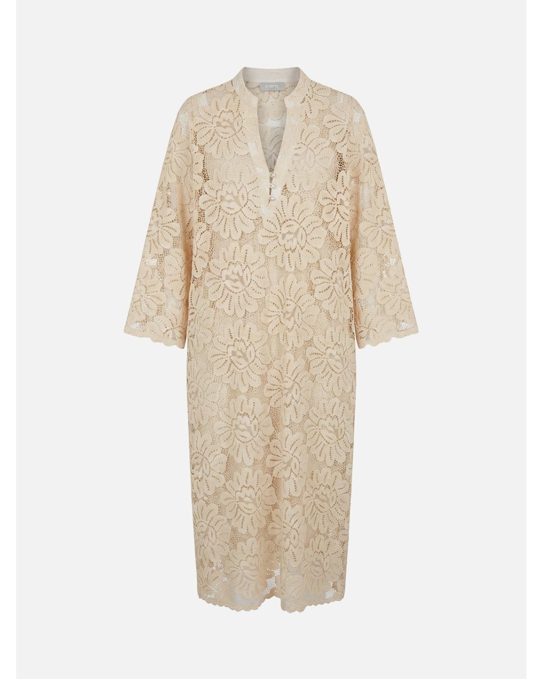 Vestido midi em renda com decote V