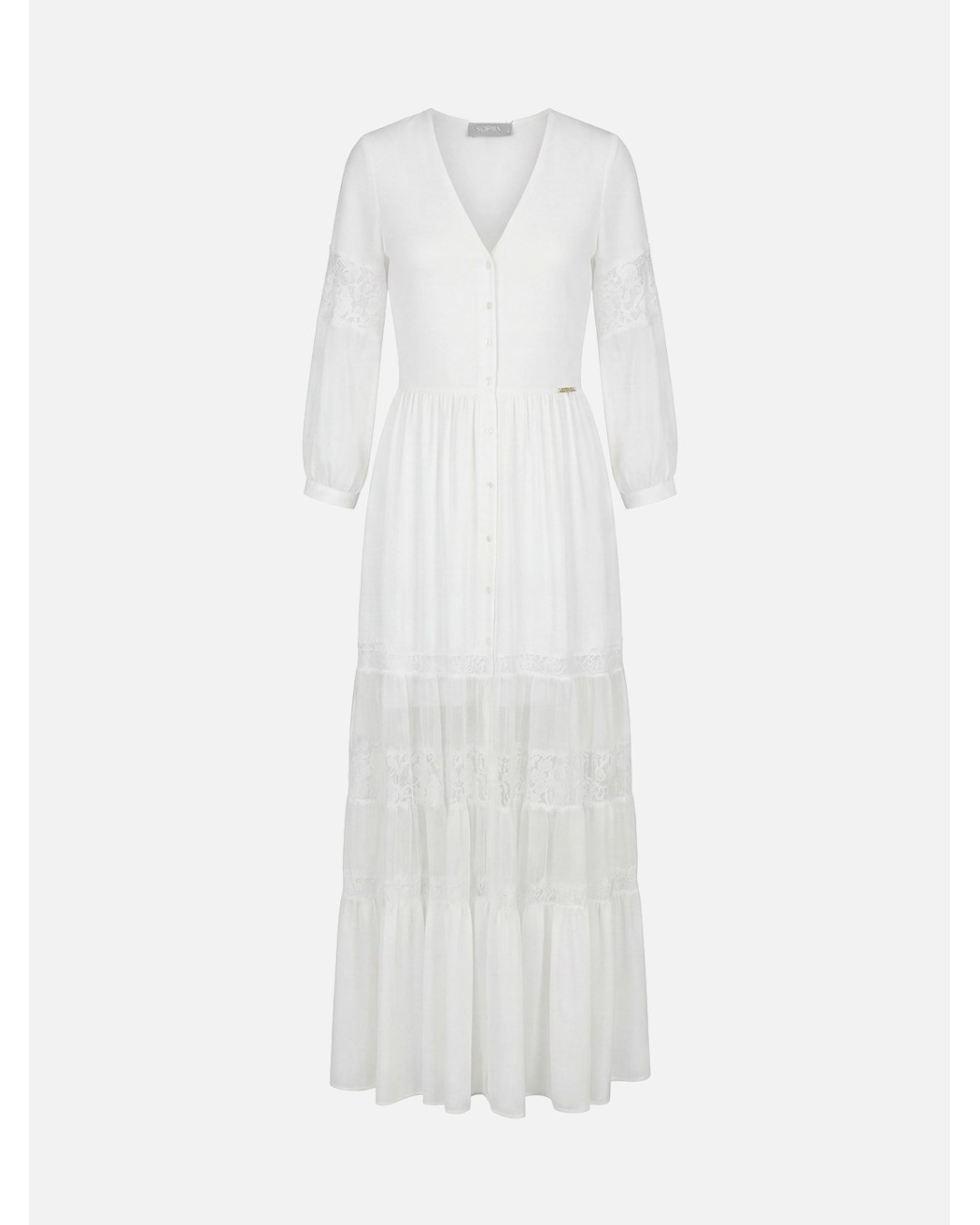 Vestido comprido com detalhes em renda