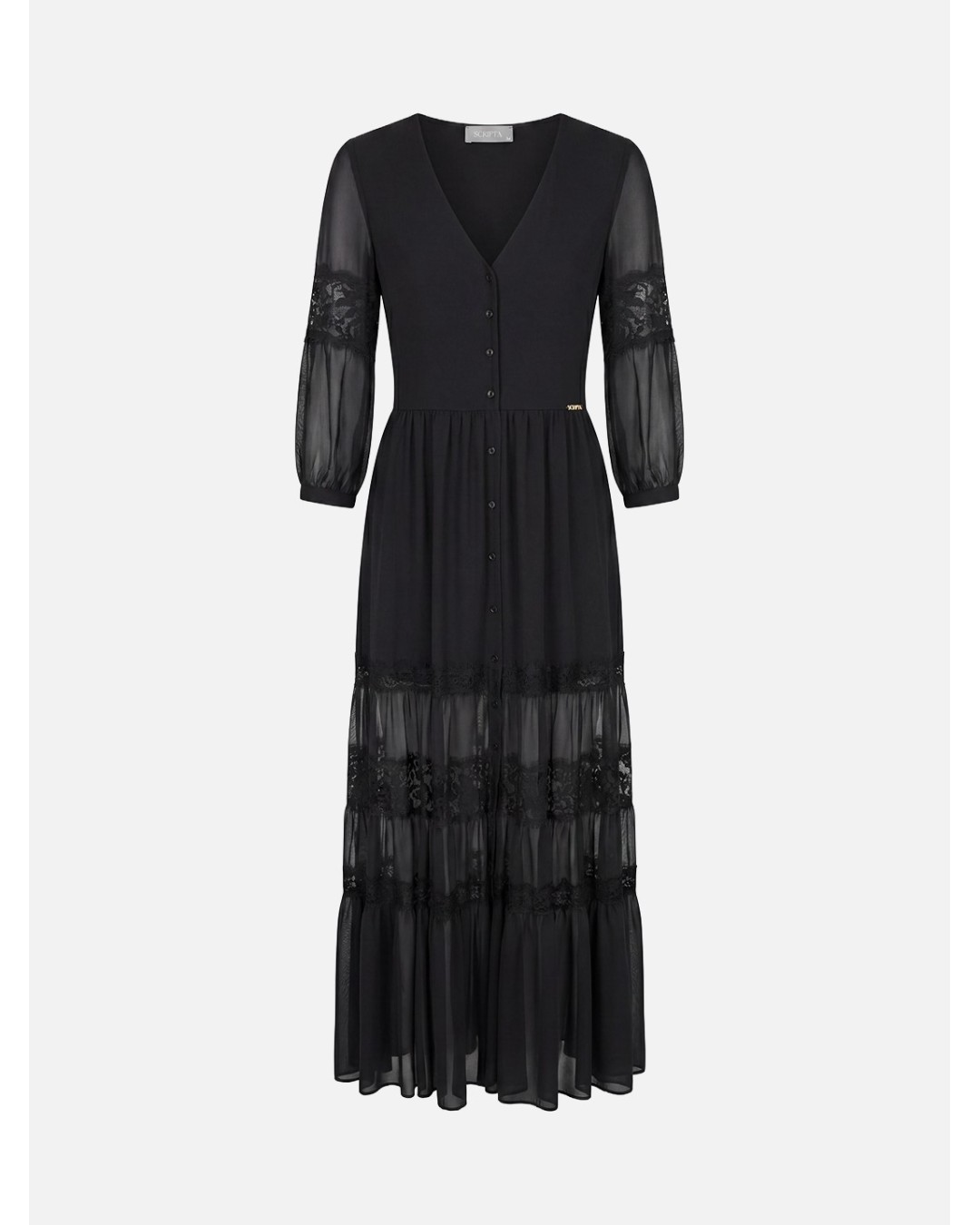 Vestido comprido com detalhes em renda