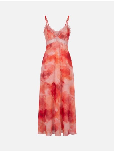 Vestido comprido tye dye com detalhes em renda