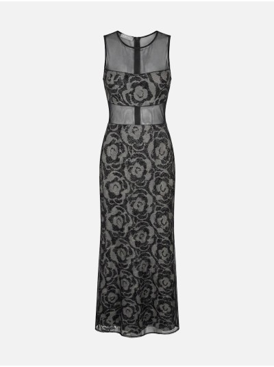 Vestido comprido estampado com tule