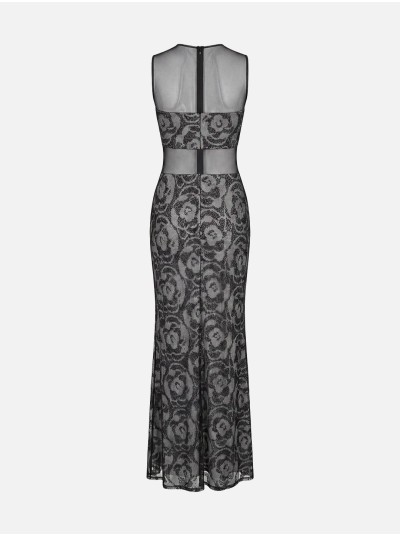 Vestido comprido estampado com tule