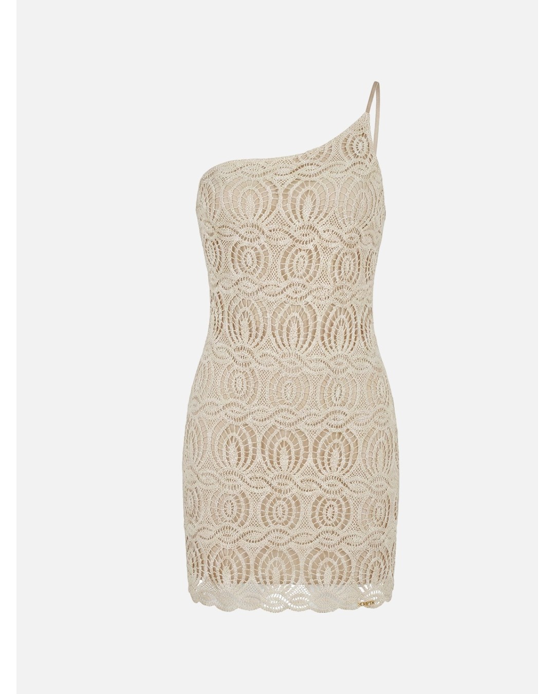 Vestido curto em renda com decote assimétrico