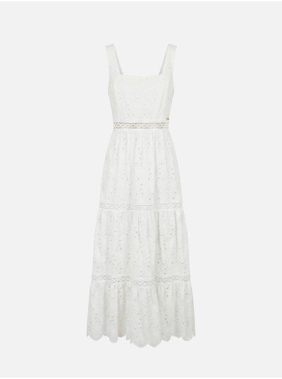 Vestido comprido em renda com decote quadrado 
