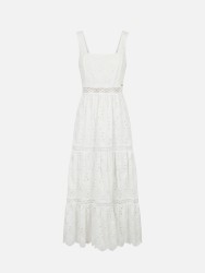Vestido comprido em renda com decote quadrado 